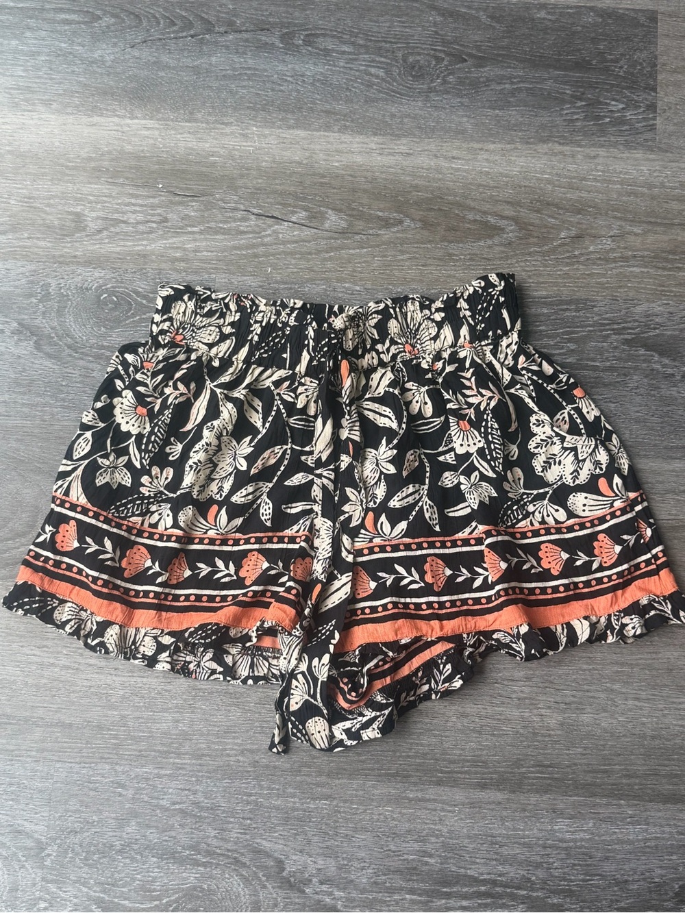 Angie Black Floral High-Waist Shorts with Coral Trim